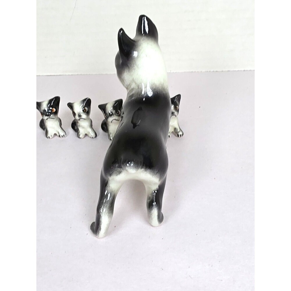 Vintage Figurines 1950's Porcelain Boston Terrier With 5 Puppies Japan - Picture 4 of 8